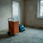 Leergeräumter Raum mit Bautrockner und Ventilator, an der Wand ist der Sockelputz abgeschlagen