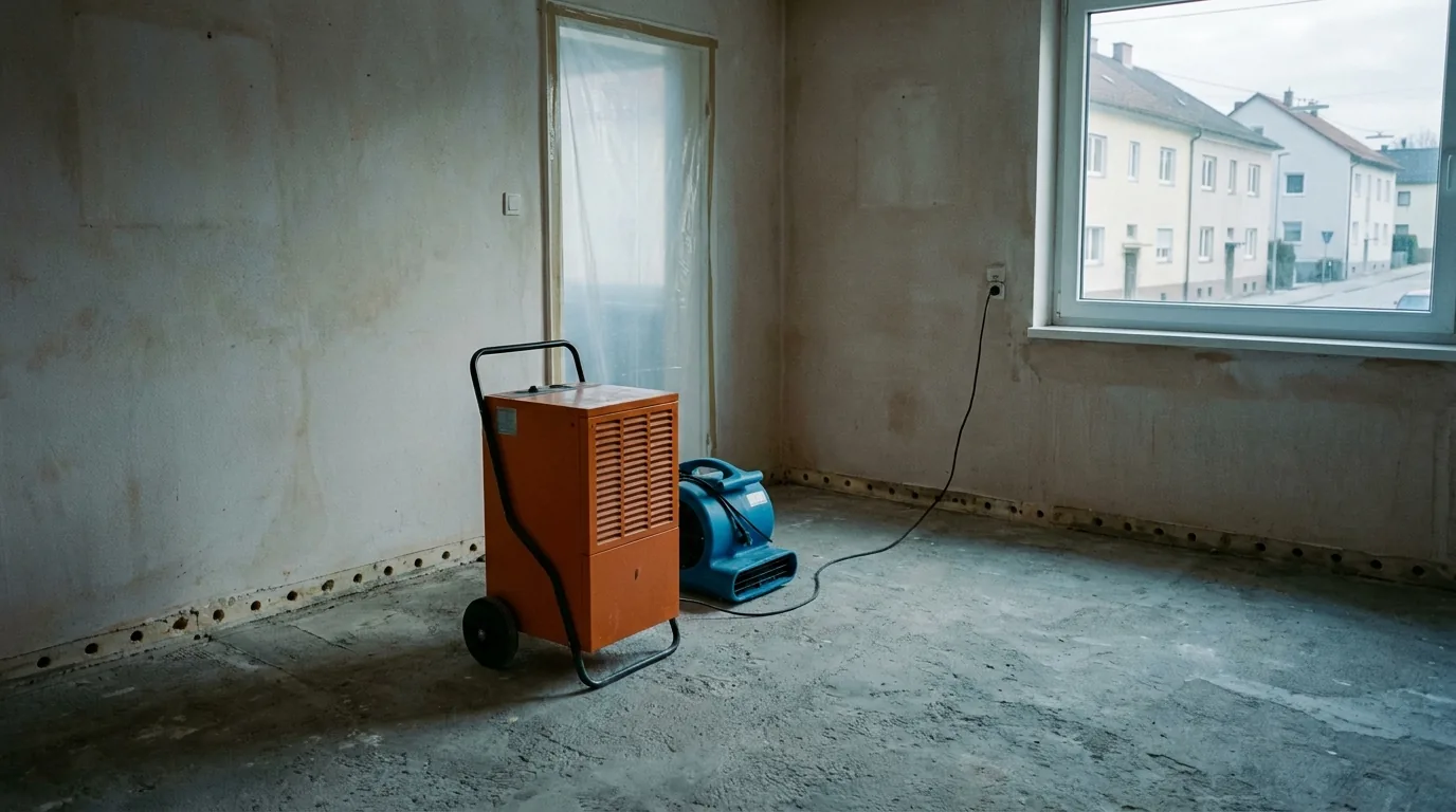 Leergeräumter Raum mit Bautrockner und Ventilator, an der Wand ist der Sockelputz abgeschlagen