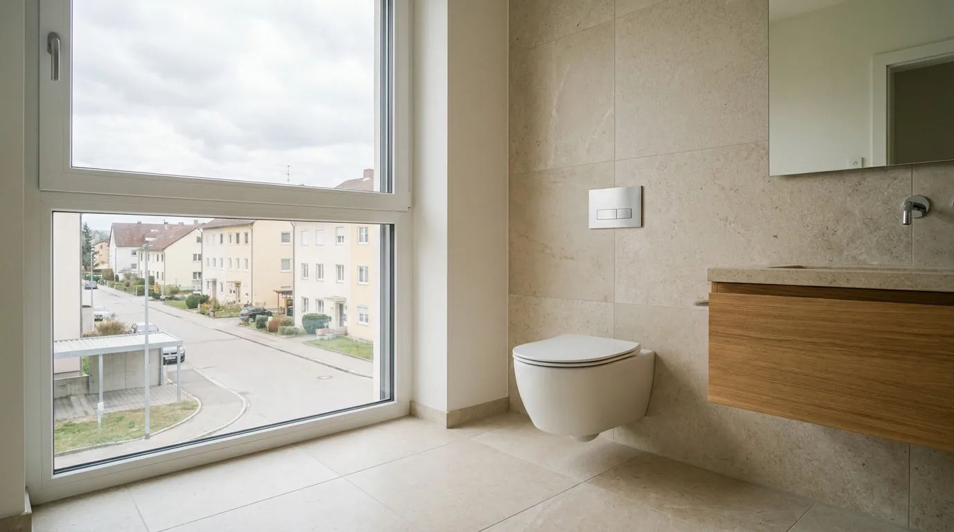 Wandhängendes WC mit Betätigungsplatte neben einem hängenden Holzwaschtisch am bodentiefen Fenster