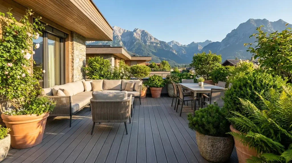 Dachterrasse mit grauen WPC-Dielen, Loungemöbeln und Kübelpflanzen vor Bergpanorama