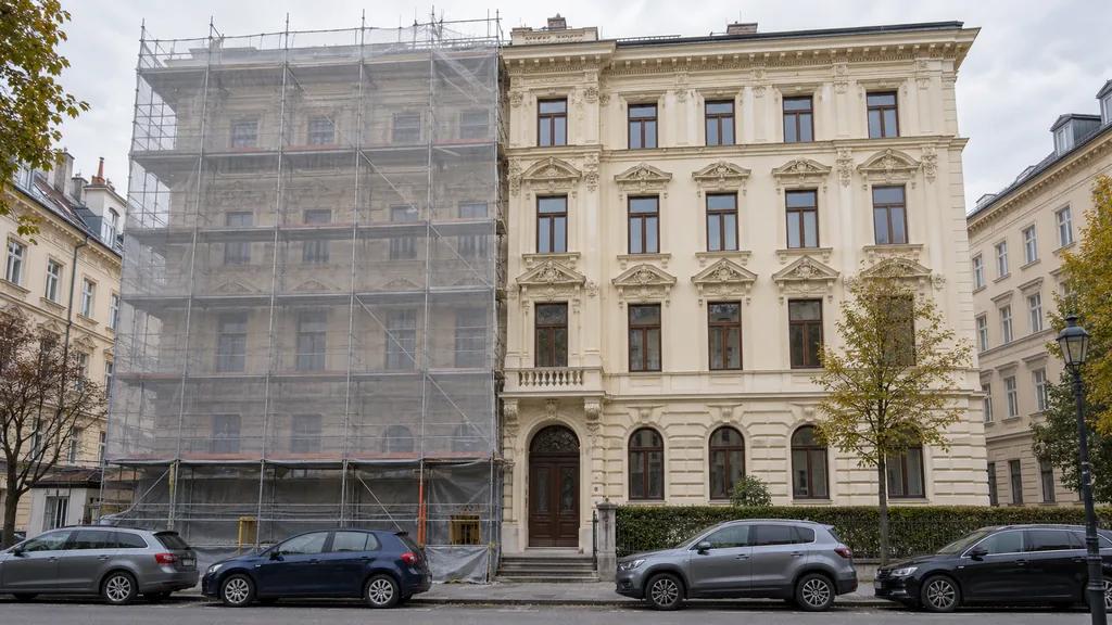 Eingerüstete Gründerzeitfassade eines Mietshauses während der Sanierung