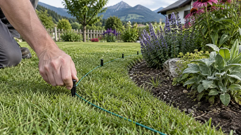 Begrenzungskabel für den Mähroboter wird mit Haken rund um ein Staudenbeet im Rasen befestigt