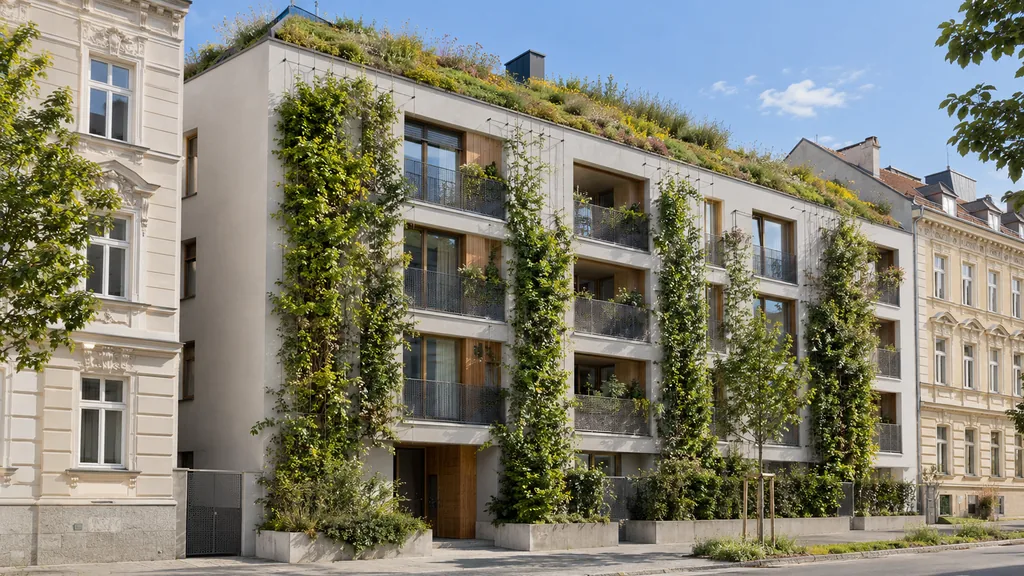 Neues Wohnhaus zwischen Gründerzeitbauten mit begrüntem Dach und Kletterpflanzen an Rankseilen vor der Fassade