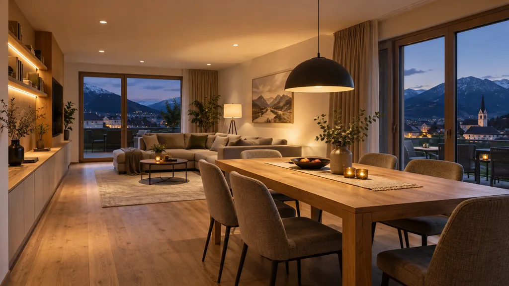 Wohn- und Essbereich am Abend mit Einbaustrahlern, Pendelleuchte über dem Esstisch, Stehleuchte und indirektem LED-Licht im Regal
