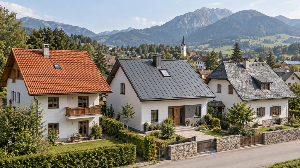 Drei Häuser nebeneinander mit Dächern aus Tondachziegeln, Stehfalzblech und Naturschiefer