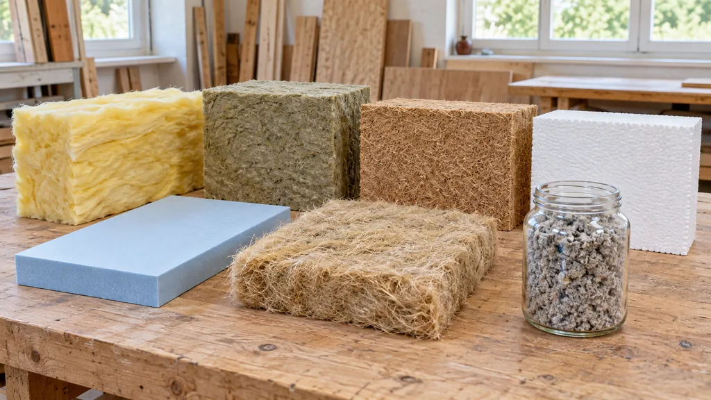 Proben verschiedener Dämmstoffe auf einer Werkbank: Glaswolle, Steinwolle, Holzfaser, EPS, XPS, Hanf und Zellulose im Glas