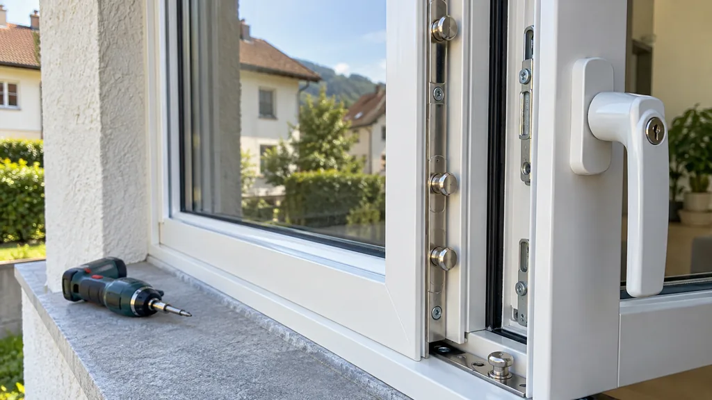 Fensterflügel mit Pilzkopfzapfen und abschließbarem Griff zur Nachrüstung gegen Einbruch