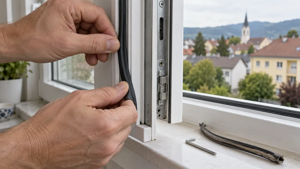 Hand drückt eine neue Gummidichtung in die Nut eines geöffneten weißen Fensterflügels