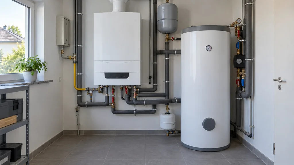 Gas-Brennwerttherme mit Warmwasserspeicher im Technikraum
