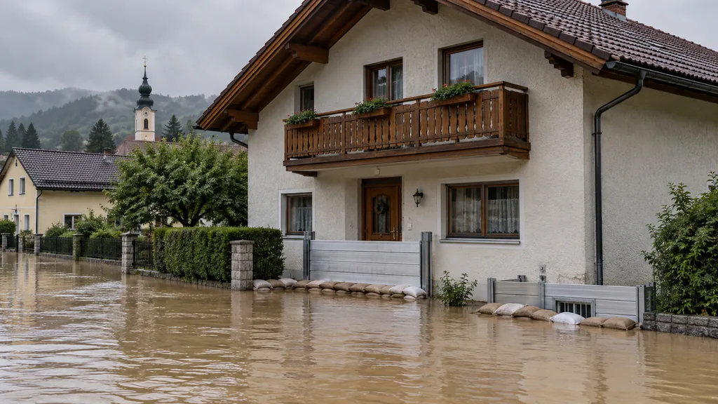 Einfamilienhaus im überfluteten Ort mit mobilen Hochwasserschutzwänden und Sandsäcken vor Eingang und Kellerfenster