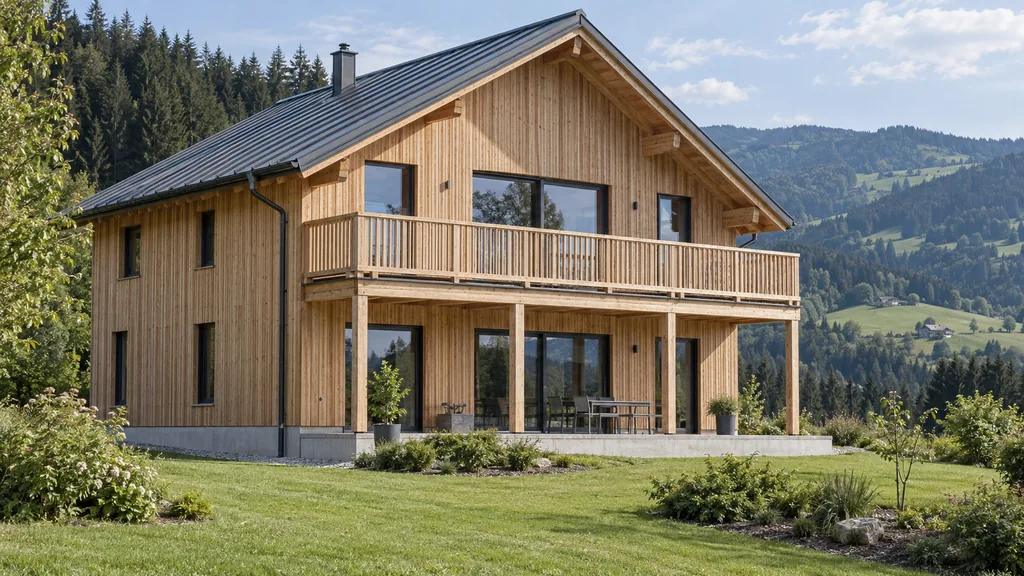 Zweigeschoßiges Holzhaus mit senkrechter Lärchenschalung, Blechdach und durchlaufendem Balkon auf Holzstützen vor bewaldeten Hügeln