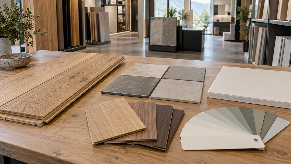 Materialmuster für den Innenausbau im Schauraum: Eichenparkett, Fliesen, Gipsplatte, Türfurniere und ein Farbfächer