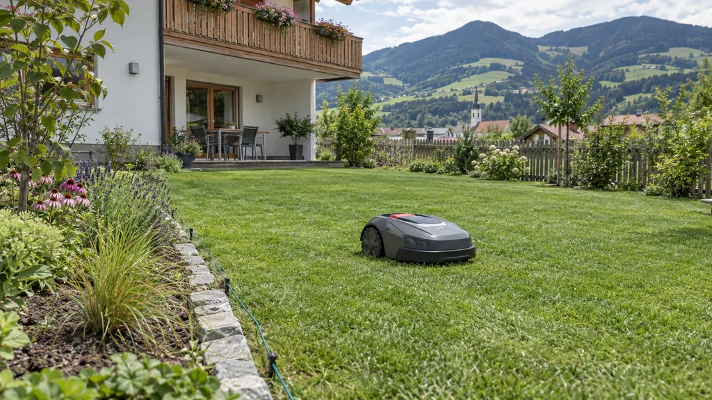 Mähroboter auf dem Rasen eines Hausgartens, am Rand das Begrenzungskabel