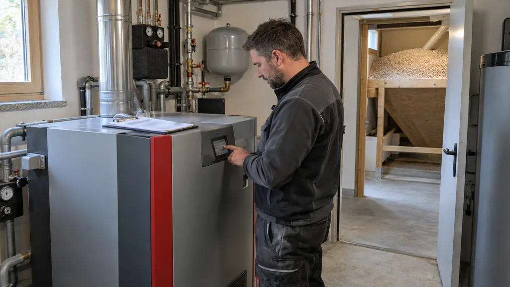 Installateur nimmt einen neuen Pelletkessel in Betrieb, dahinter der offene Pelletlagerraum