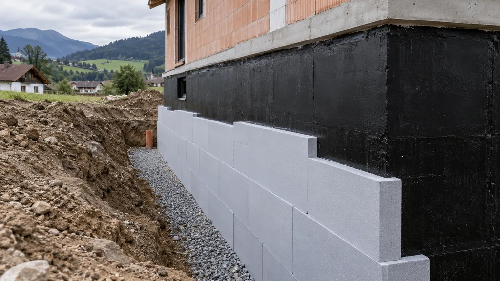 Kelleraußenwand im offenen Baugraben, zur Hälfte mit Dämmplatten belegt, darunter die schwarze Abdichtung