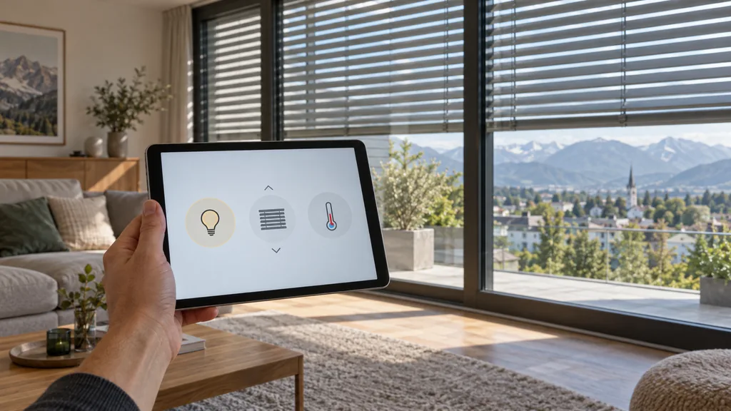 Hand hält ein Tablet mit Steuerung für Licht, Raffstores und Heizung vor halb herabgelassenen Raffstores