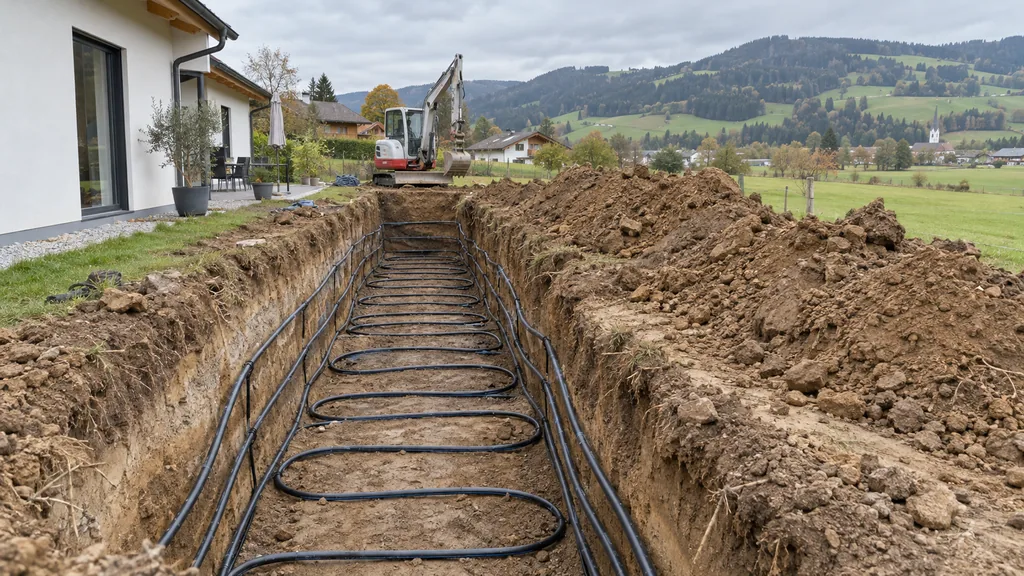 Offener Graben im Garten eines Einfamilienhauses mit schlaufenförmig verlegtem Solerohr