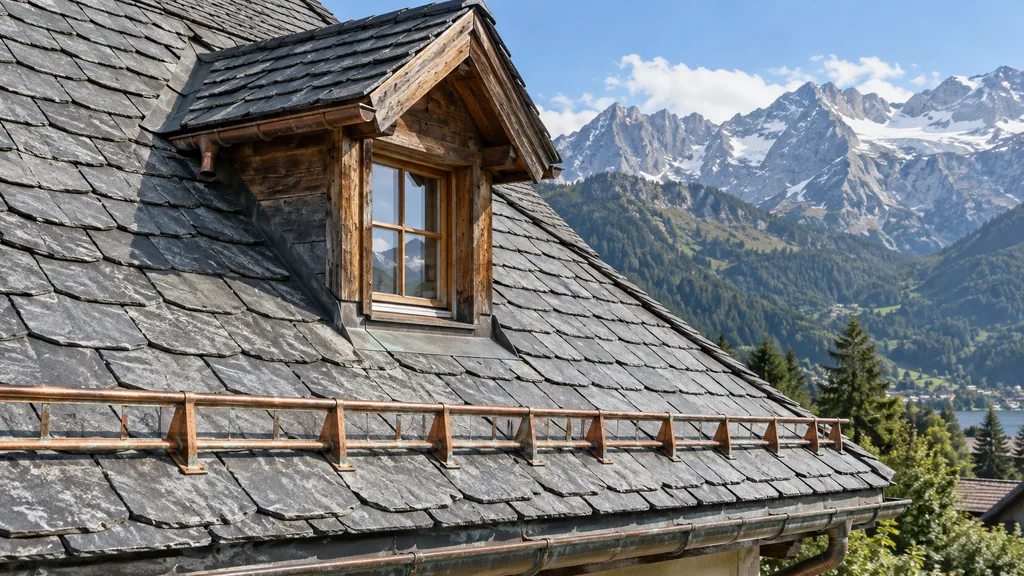 Naturschieferdach mit Gaupe und Schneefanggitter aus Kupfer vor Bergkulisse