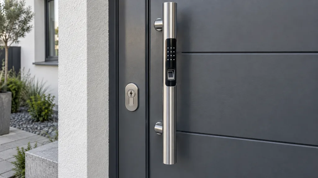 Haustür mit Tastenfeld und Fingerabdruckleser im Edelstahl-Stangengriff und Sicherheitszylinder