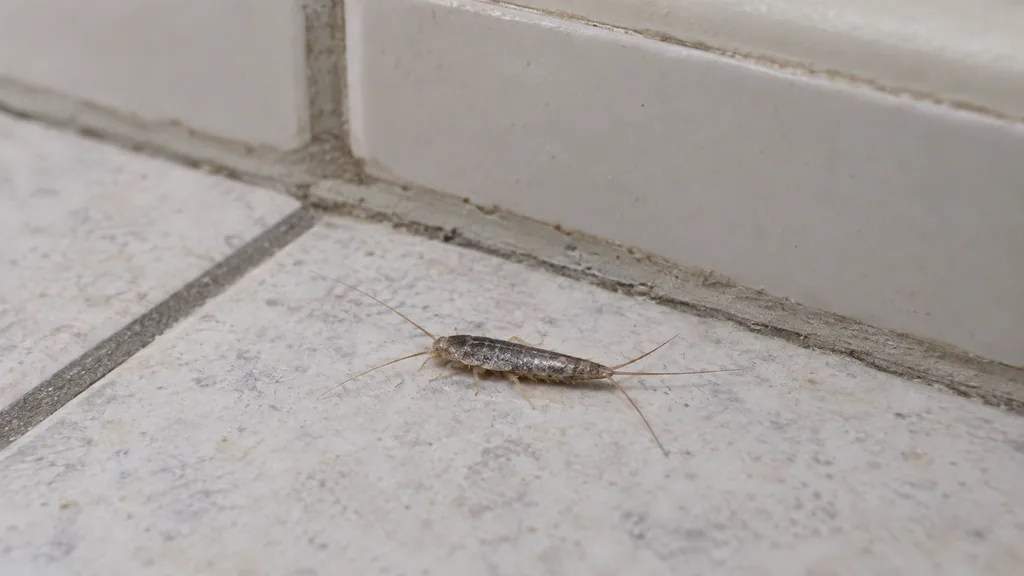 Silberfischchen auf dem Fliesenboden an der Sockelfuge im Bad