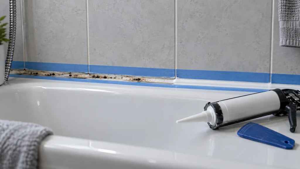 Badewannenrand mit verschimmelter alter Silikonfuge, für die neue Fuge abgeklebt, daneben Kartuschenpistole und Fugenglätter