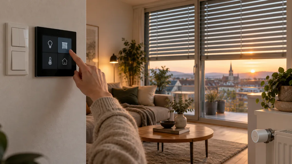 Hand bedient ein Smart-Home-Bedienfeld an der Wand, im Wohnraum halb geschlossene Raffstores und ein smarter Heizkörperthermostat