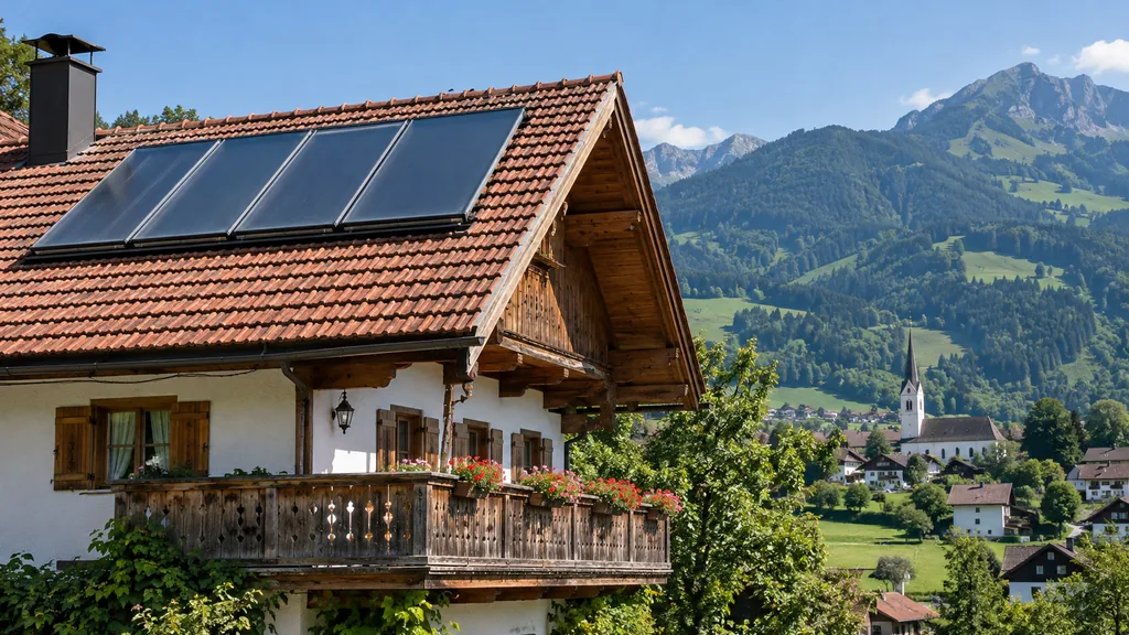 Solarthermie-Flachkollektoren auf dem Ziegeldach eines alten Bauernhauses mit Holzbalkon