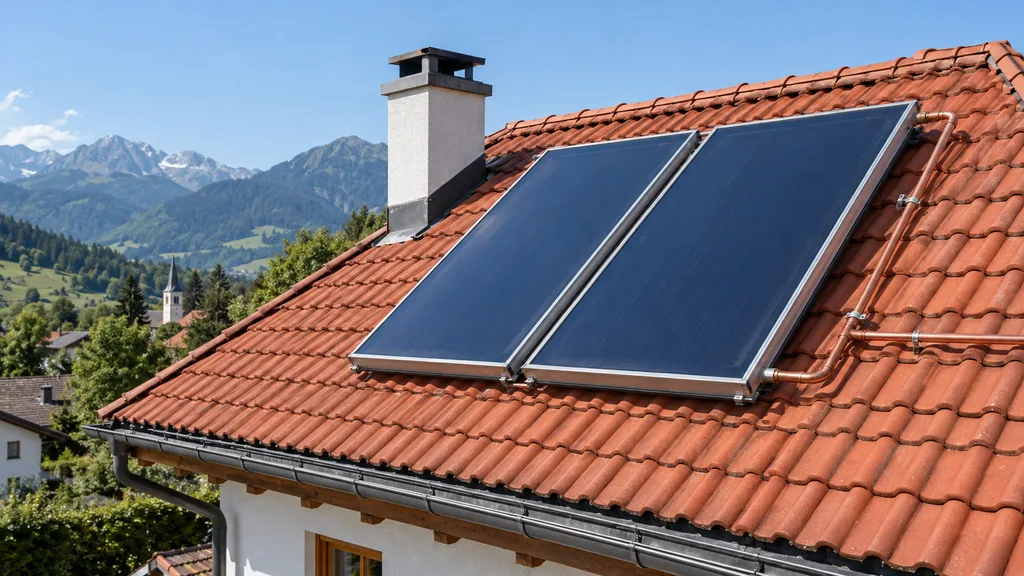 Zwei Flachkollektoren einer Solarthermieanlage mit Kupferanschlüssen auf einem Ziegeldach