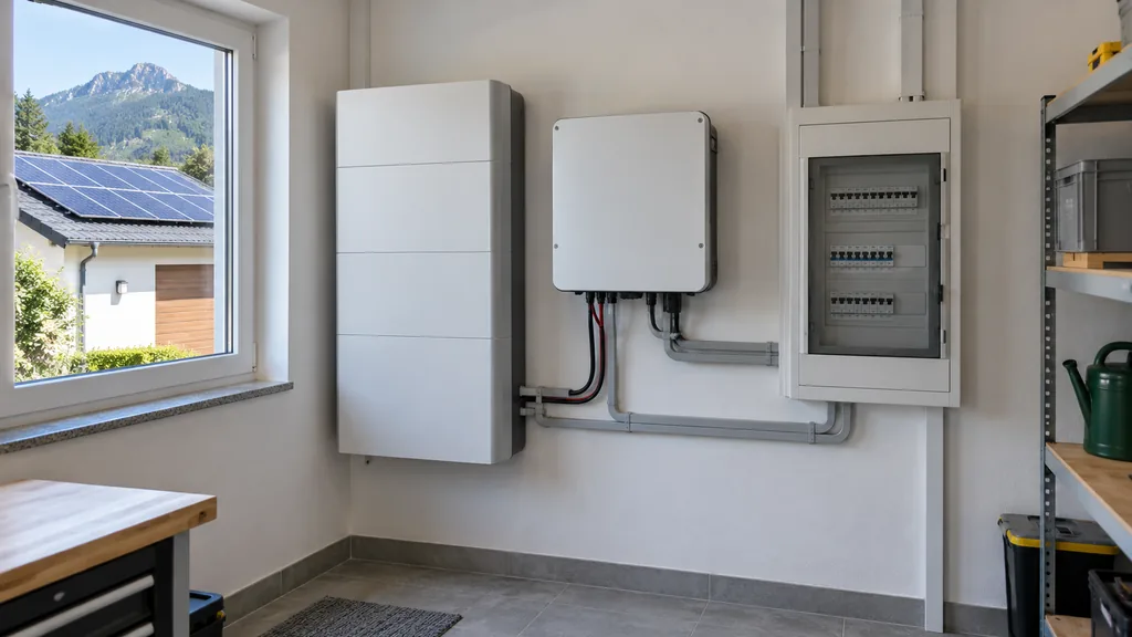 Stromspeicher und Wechselrichter an der Wand eines Technikraums neben dem Verteilerkasten, draußen eine Photovoltaikanlage auf dem Dach