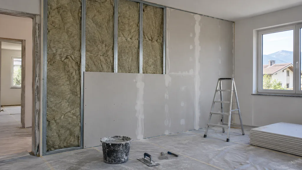Trockenbauwand aus Metallständern mit Mineralwolle, teils mit Gipskartonplatten beplankt und verspachtelt