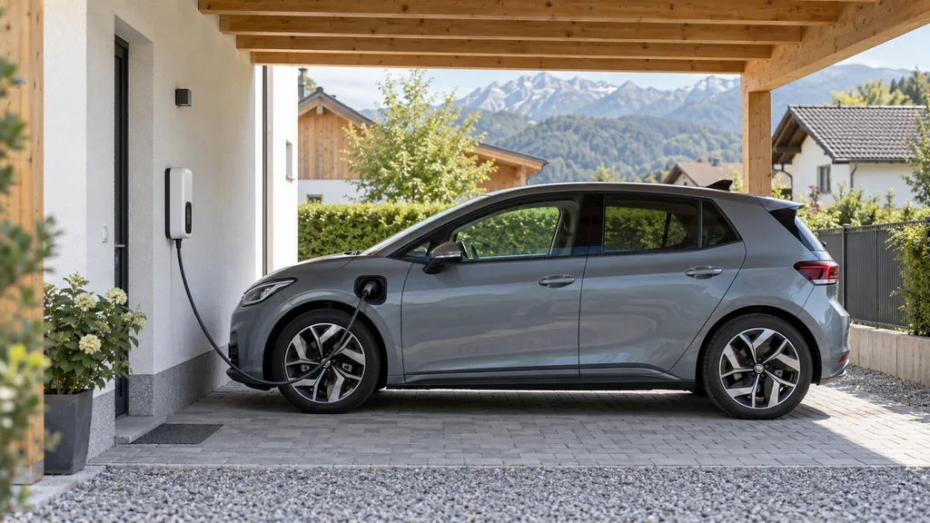 Elektroauto lädt im Carport an einer Wallbox an der Hauswand, im Hintergrund Berge
