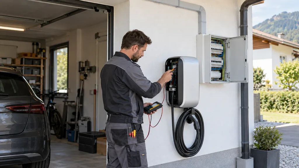 Elektriker misst beim Einbau einer Wallbox an der Garagenwand, daneben der geöffnete Verteiler